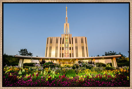 Seattle Temple - Sunset with Flowers by Scott Jarvie