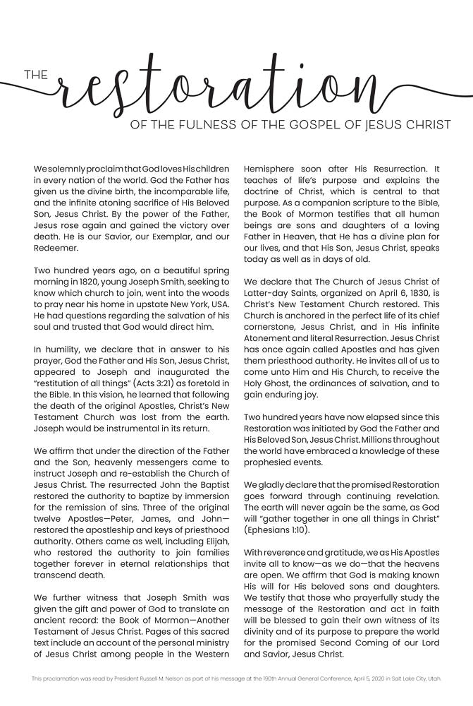 The Restoration of the Fulness of the Gospel of Jesus Christ cursive 12x18 Repositionable Poster