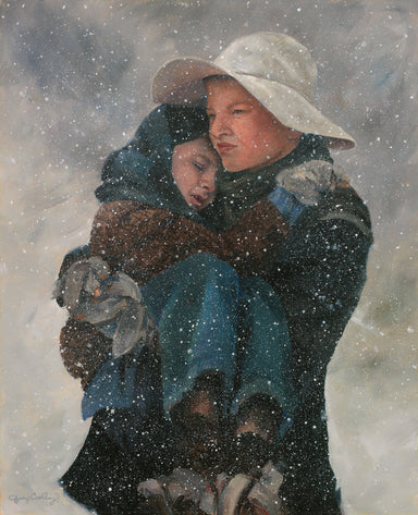 A young pioneer saint boy carrying a young pioneer girl through the snow. 