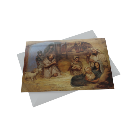 A holiday greeting card depicting Jesus and his family in a painting, by Annie Henrie Nader.
